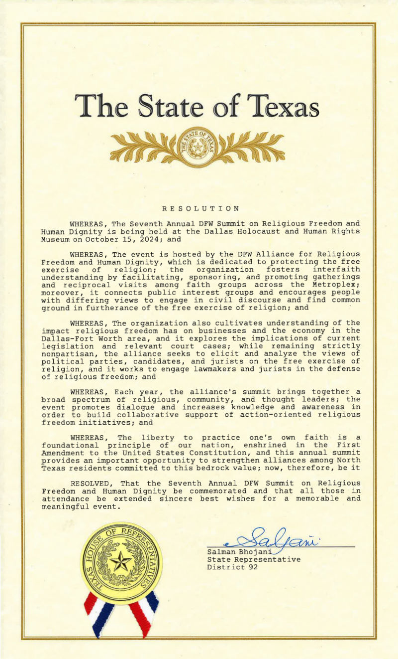 Texas Proclamation - DFW Summit on Religious Freedom and Human Dignity